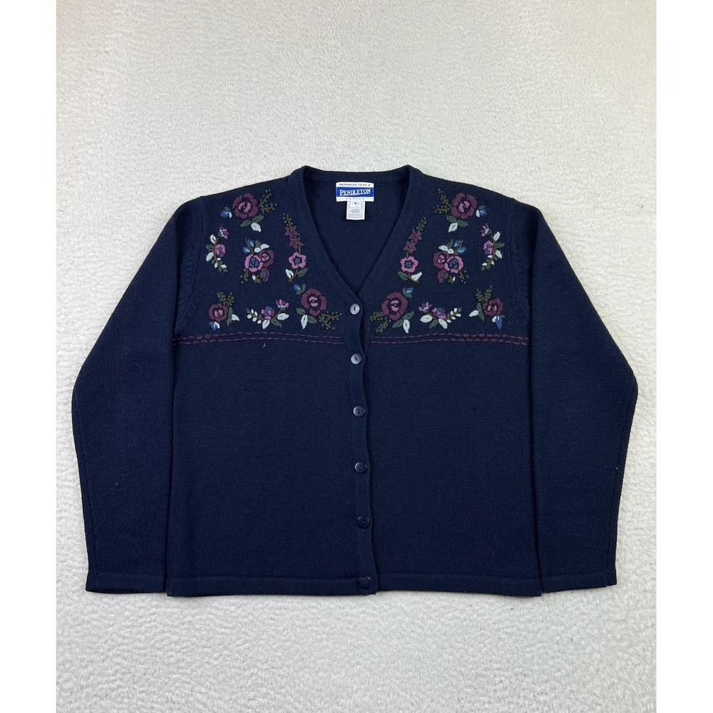 Pendleton Womens Small Petite Navy Blue Floral Embroidered Wool Cardigan Sweater
